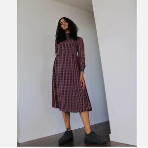 NEW Ganni Plaid Check Georgette Mock Neck Midi Dress Long Sleeves Sz 34/XS